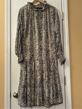 Oasis Black and Beige Paisley Long Sleeve Midi Dress Flounce Hem. Small